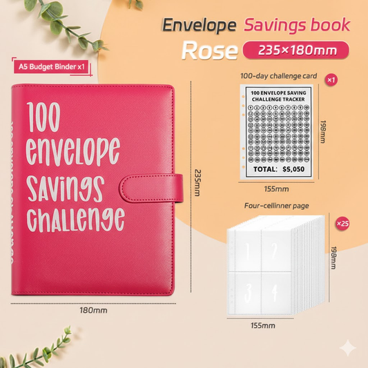 100 Envelope Savings Challenge Binder A5 Budget Planner Book PU Leather Cash Stuffing Money Organiser with Magnetic Closure & Tracker (Red).