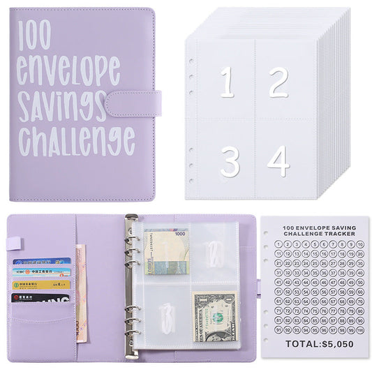 100 Envelope Savings Challenge Binder A5 Budget Planner Book PU Leather Cash Stuffing Money Organiser with Magnetic Closure & Tracker (Purple).