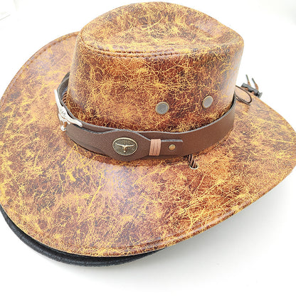 Retro Western Cowboy Hat Khaki Distressed Crackle Finish Bull Head Emblem Wide Brim Sun Protection Outback Bush Hat for Men Women L 58-60cm
