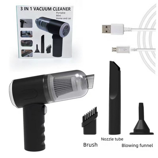 Black 3-in-1 Portable Cordless Mini Vacuum Cleaner Handheld Air Duster & Blower USB Rechargeable Kit for Car Interior Home Office Keyboard Pet Hair.