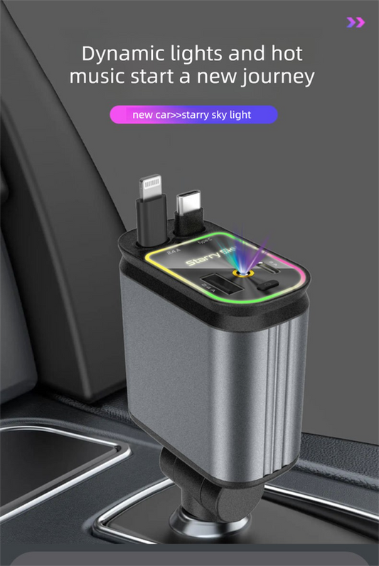 4-in-1 Retractable Car Charger Adapter 120W Dual Type-C Cables Starry Sky Projector Fast Charging for iPhone 15/16 Samsung Pixel.