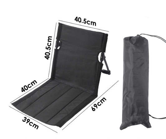 Portable Folding Ground Chair with Back Support Lightweight 500g Padded Stadium Seat Beach Mat for Camping Picnics Festivals - Black.