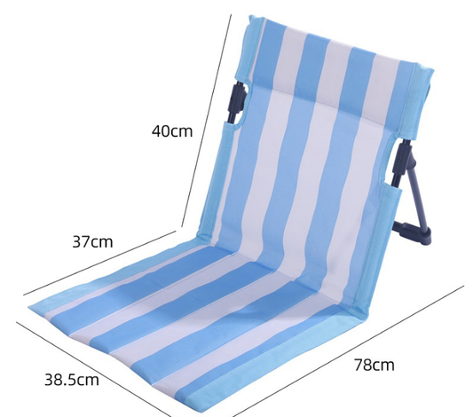 Portable Folding Beach Ground Chair with Back Support Sky Blue Striped Lightweight Padded Mat for Camping Picnics Festivals - Standard Model.