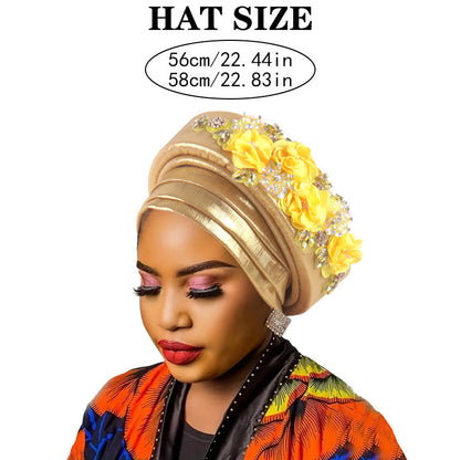 Women's Luxury Red Turban Hat with Beaded Floral Embellishments Pre-Tied African Style Headwrap for Weddings Parties & Special Occasions