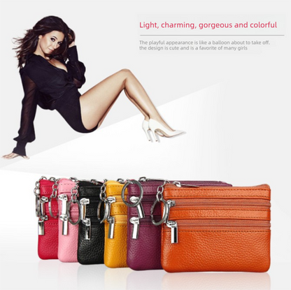 Genuine Leather Coin Purse Mini Wallet with Triple Zipper Pockets Key Ring Holder Pouch for Cash & Cards - Blue