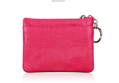 Genuine Leather Coin Purse Mini Wallet with Triple Zipper Pockets Key Ring Holder Pouch for Cash & Cards - Pink