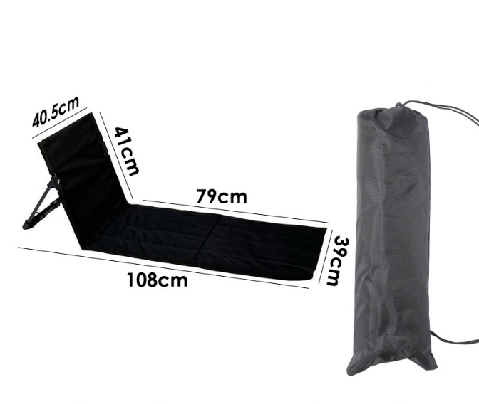 Portable Outdoor Folding Ground Chair with Back Support (Extra Long Black) - Lightweight Padded Beach Mat & Picnic Seat for Camping, Festivals & Parks.