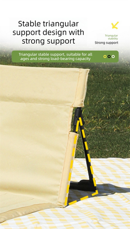 Portable Outdoor Folding Ground Chair with Back Support (Extra Long Black) - Lightweight Padded Beach Mat & Picnic Seat for Camping, Festivals & Parks.