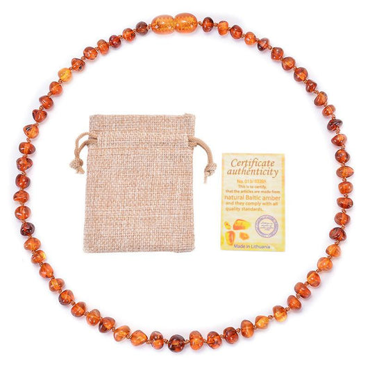 Genuine Baltic Amber Necklace for Baby & Toddler - 33cm Hand Knotted Cherry Beads - Natural Certified Jewellery with Pouch.