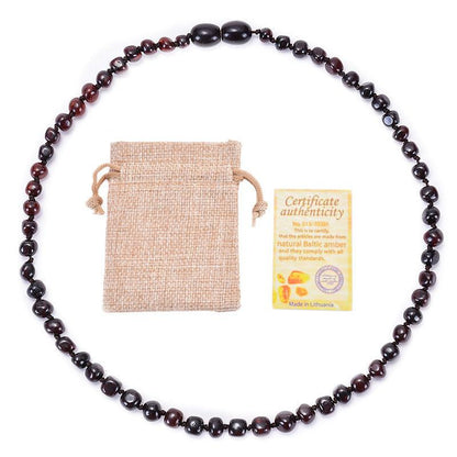 Genuine Baltic Amber Necklace for Baby & Toddler - 33cm Hand Knotted Blood Red Beads - Natural Certified Jewellery with Pouch.