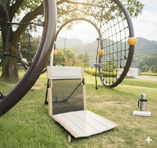 Portable Ground Chair with Back Support - Foldable Outdoor Floor Seat with Sturdy Iron Frame - Beige White Oxford Fabric for Picnics, Festivals & Camping.