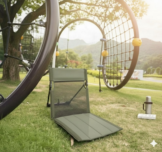 Portable Ground Chair with Back Support - Foldable Outdoor Floor Seat with Sturdy Iron Frame - Dark Green Oxford Fabric for Picnics, Festivals & Camping.