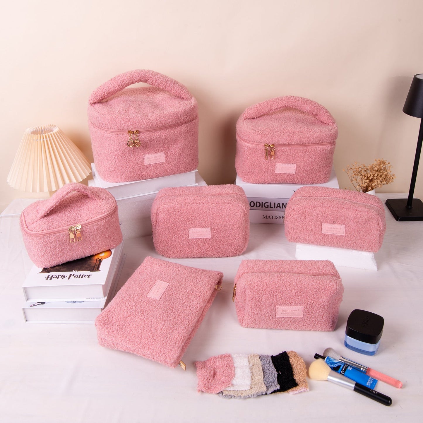 Large Plush Teddy Fleece Cosmetic Bag - Soft Sherpa Makeup Case with Handle - Pink Travel Toiletry Organiser (26cm)