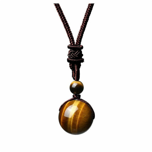 Handmade Woven Tiger Eye Stone Pendant Necklace Vintage Natural 10mm Gemstone Jewelry for Men and Women Simple Retro Style Accessory.
