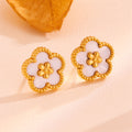 White Shell Five-Petal Flower Stud Earrings - 18K Gold Plated Stainless Steel Floral Jewellery for Women - Hypoallergenic & Tarnish Resistant (13mm)
