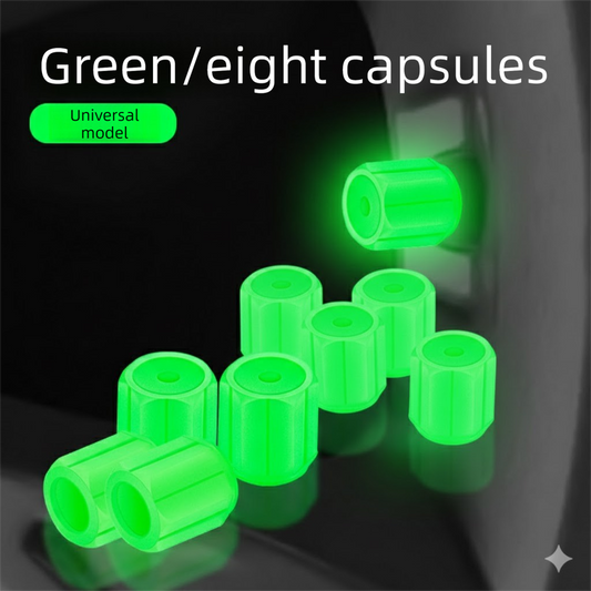 Universal Luminous Tyre Valve Caps 8 PCS Green Glow in Dark Dust Covers for Cars Motorbikes & Bicycles Easy Install.