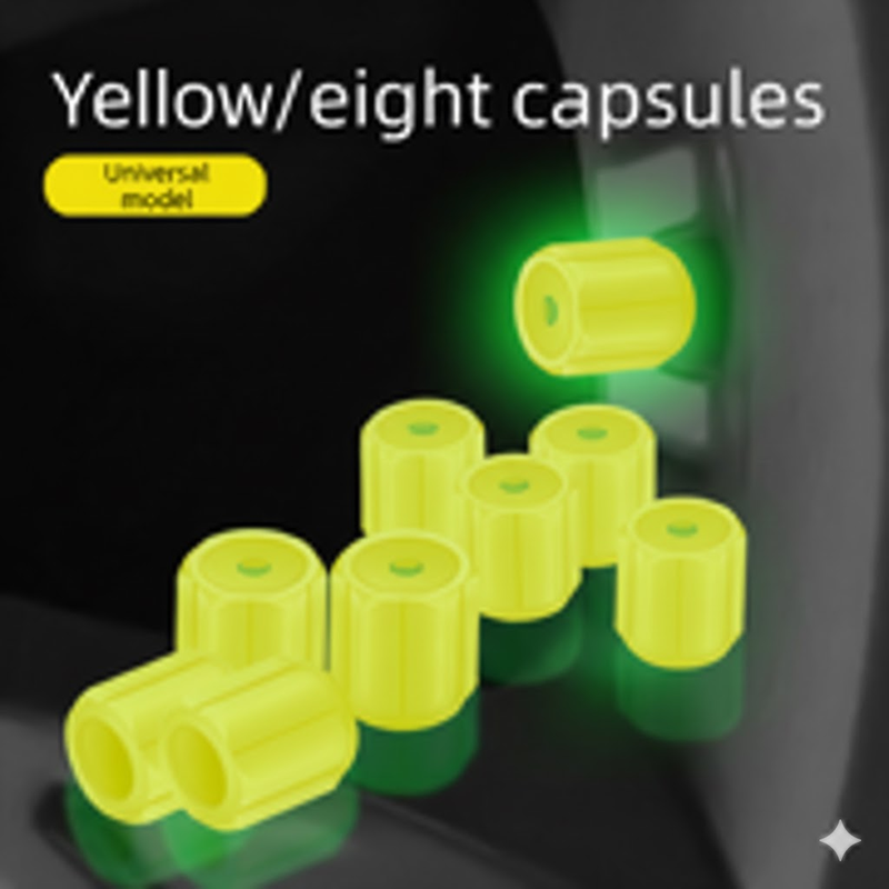 Universal Luminous Tyre Valve Caps 8 PCS Yellow Glow in Dark Dust Covers for Cars Motorbikes & Bicycles Easy Install.