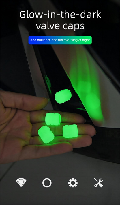 Universal Luminous Tyre Valve Caps 8 PCS Yellow Glow in Dark Dust Covers for Cars Motorbikes & Bicycles Easy Install.
