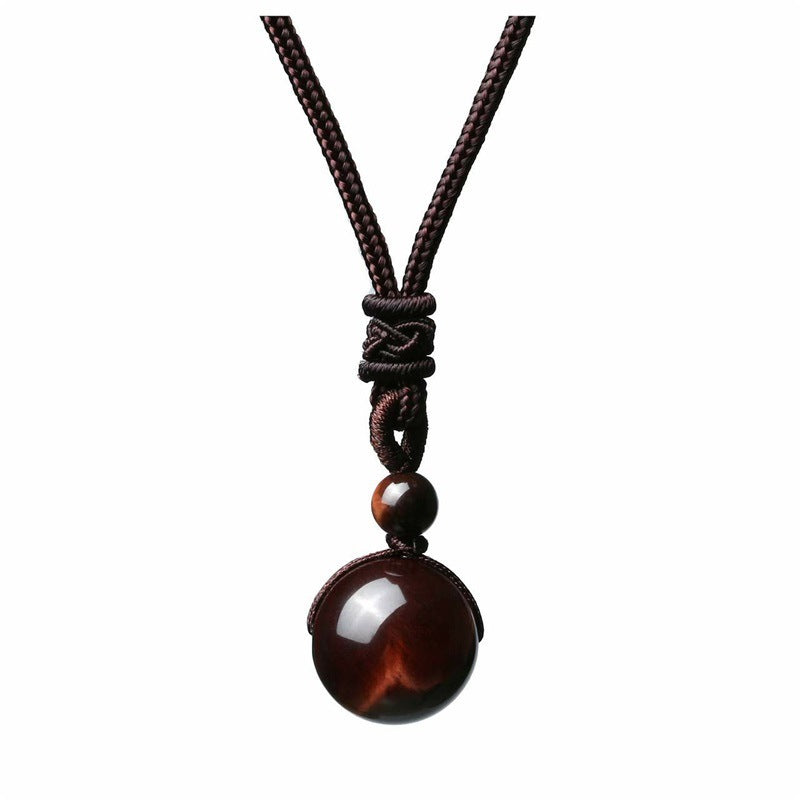 Natural Red Tiger Eye Necklace 16mm Round Stone Pendant Hand Braided Rope Lucky Protection Amulet Jewellery Gift for Men & Women.