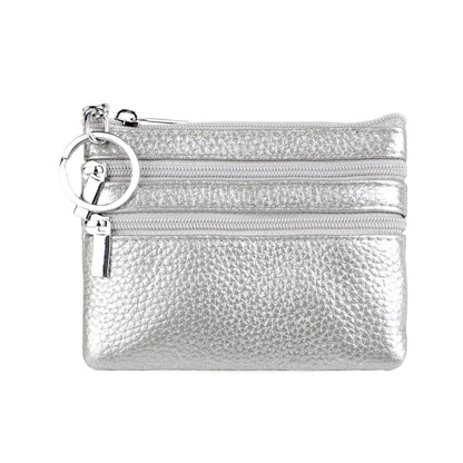 Genuine Leather Coin Purse Mini Wallet with Triple Zipper Pockets Key Ring Holder Pouch for Cash & Cards - Silver
