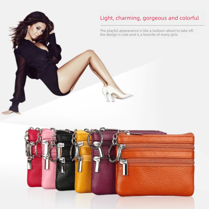 Genuine Leather Coin Purse Mini Wallet with Triple Zipper Pockets Key Ring Holder Pouch for Cash & Cards - Silver