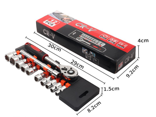 12 Piece 3/8 Inch Drive Ratchet and Metric Socket Wrench Set Professional Mechanics Tool Kit for Automotive Repair and DIY Workshop.