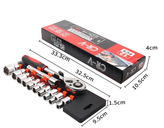 12 Piece 1/2 Inch Drive Ratchet and Metric Socket Wrench Set Heavy Duty Mechanics Tool Kit for Automotive Repair and Industrial Maintenance.
