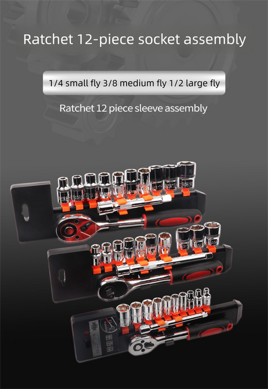 12 Piece 1/2 Inch Drive Ratchet and Metric Socket Wrench Set Heavy Duty Mechanics Tool Kit for Automotive Repair and Industrial Maintenance.