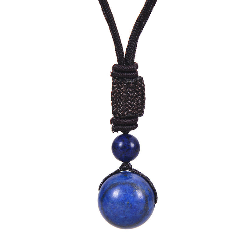 Natural Lapis Lazuli Pendant Necklace 14mm Bead Handmade Woven Adjustable Cord Retro Style for Men & Women Gift.