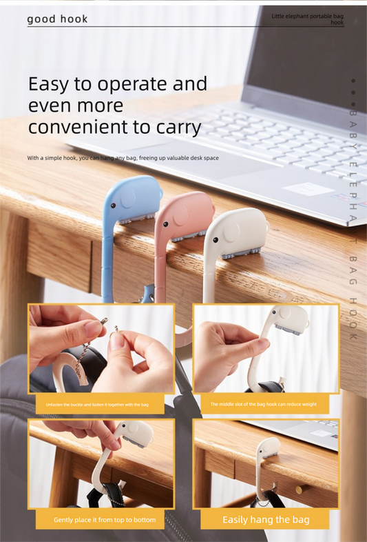 Cartoon Elephant Desk Side Bag Hook White Portable Adhesive Schoolbag Hanger No-Drill Movable Table Hook for Students and Office.