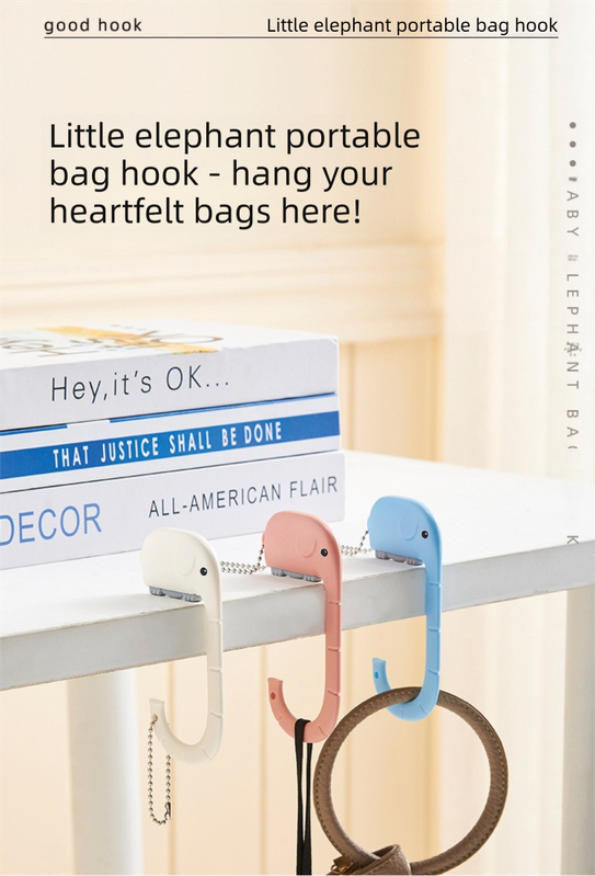 Cartoon Elephant Desk Side Bag Hook Pink Portable Adhesive Schoolbag Hanger No-Drill Movable Table Hook for Students and Office.