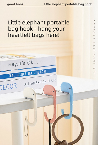 Cartoon Elephant Desk Side Bag Hook Pink Portable Adhesive Schoolbag Hanger No-Drill Movable Table Hook for Students and Office.
