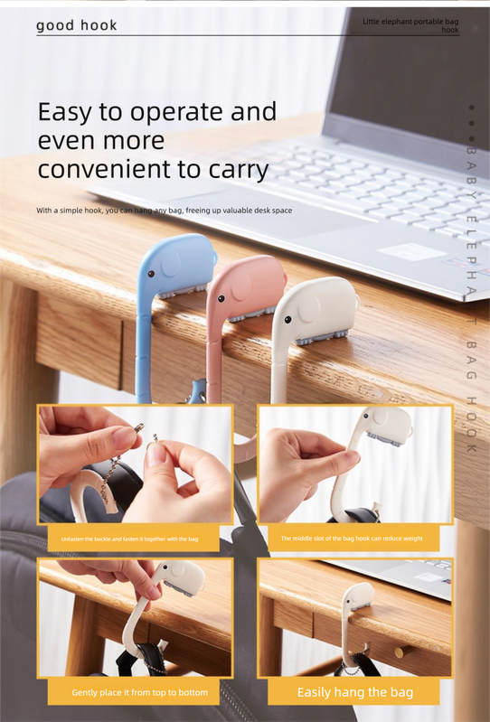 Cartoon Elephant Desk Side Bag Hook Pink Portable Adhesive Schoolbag Hanger No-Drill Movable Table Hook for Students and Office.