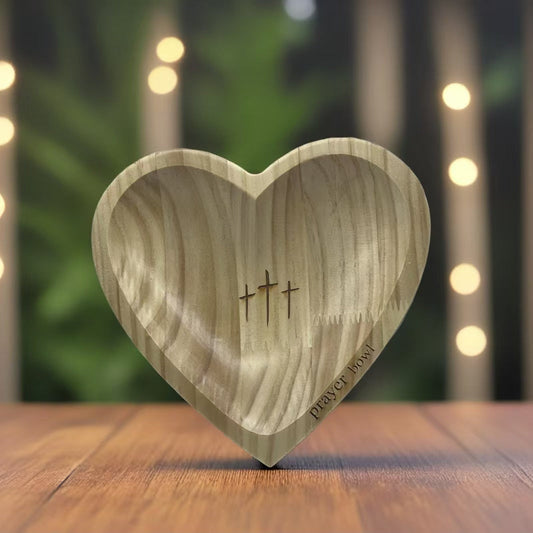 Handcrafted Heart Shaped Wooden Prayer Bowl with Prayer Cards and Raffia Natural Wood Grain Spiritual Gift for Home.