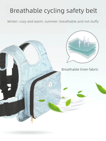 Child Motorcycle Safety Harness Strap Adjustable Passenger Belt with Handles & Storage Pocket Breathable Linen Grey for Scooter