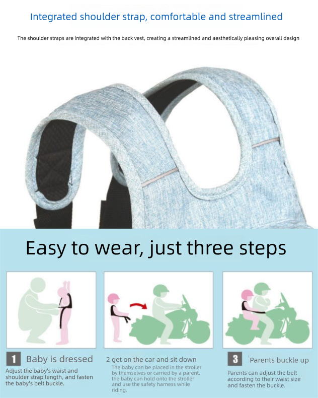 Child Motorcycle Safety Harness Strap Adjustable Passenger Belt with Handles & Storage Pocket Breathable Linen Light Blue for Scooter