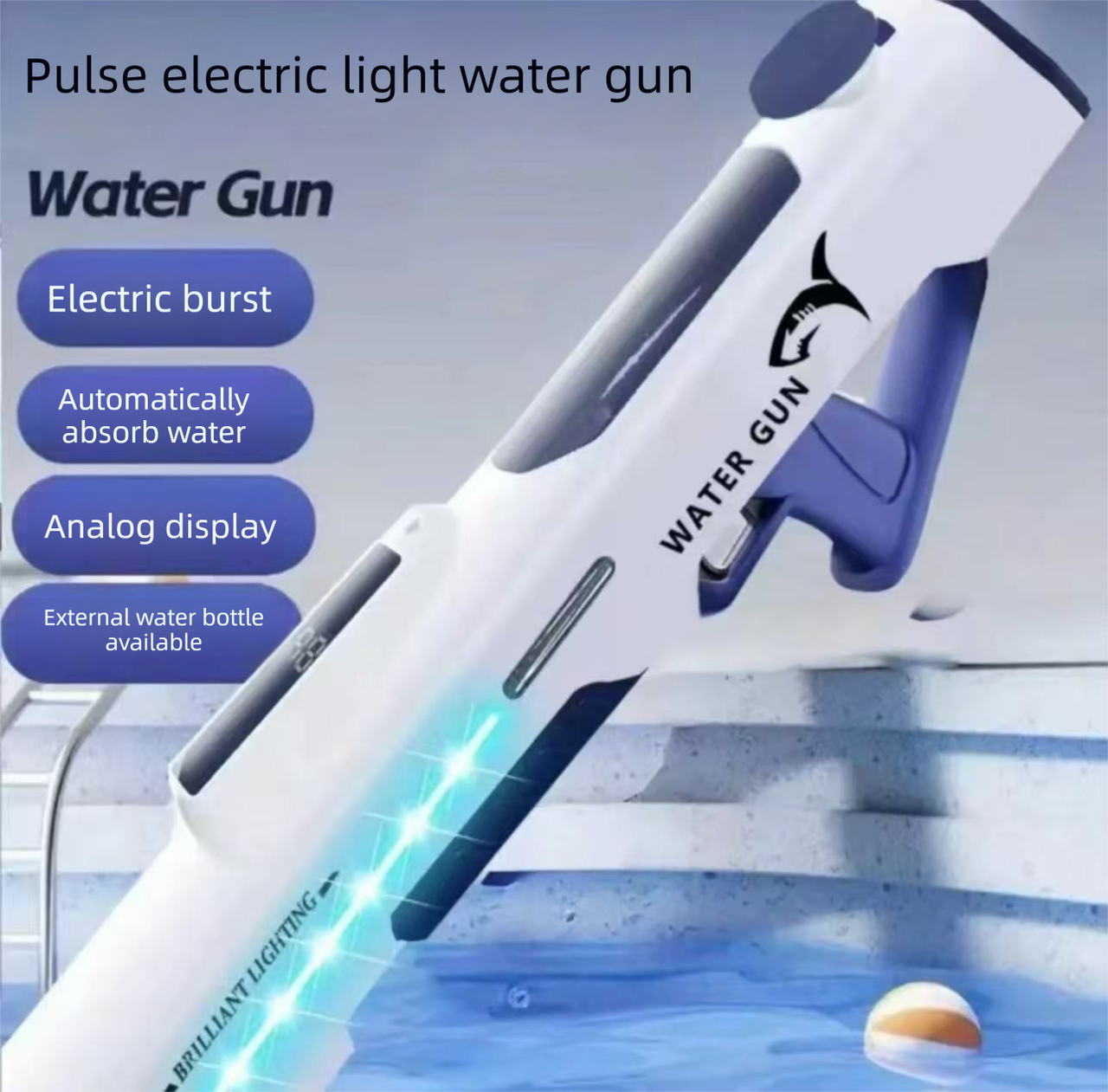 Electric Water Gun Auto Refill 46cm White LED Pulse Blaster High Pressure Toy with External Bottle Connector & Manual Mode for Summer Pool Party.