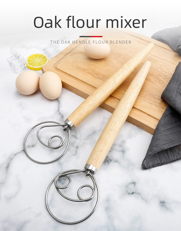 Danish Dough Whisk Slim Dual Ring Design Long Oak Wood Handle Bread Mixer Tool for Sourdough Starter Jars & Batters