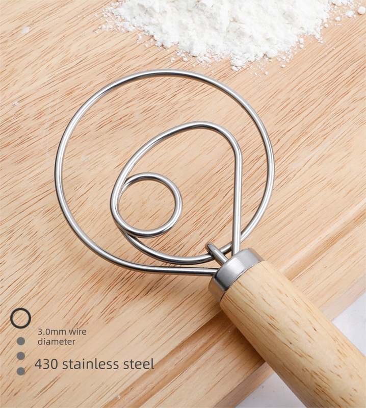 Danish Dough Whisk Slim Dual Ring Design Long Oak Wood Handle Bread Mixer Tool for Sourdough Starter Jars & Batters