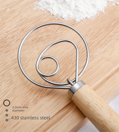 Danish Dough Whisk Slim Dual Ring Design Long Oak Wood Handle Bread Mixer Tool for Sourdough Starter Jars & Batters