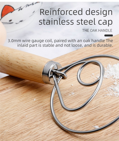 Danish Dough Whisk Slim Dual Ring Design Long Oak Wood Handle Bread Mixer Tool for Sourdough Starter Jars & Batters