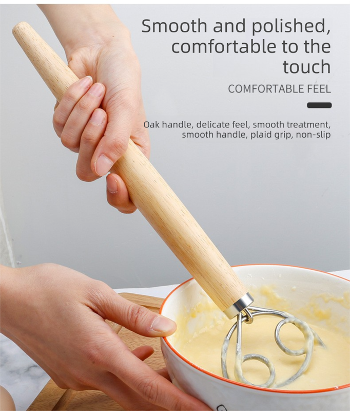 Danish Dough Whisk Slim Dual Ring Design Long Oak Wood Handle Bread Mixer Tool for Sourdough Starter Jars & Batters
