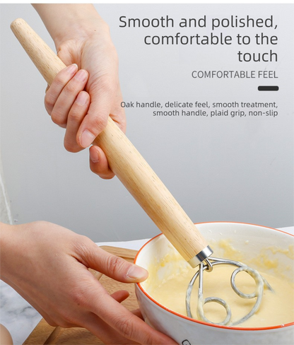 Danish Dough Whisk Slim Dual Ring Design Long Oak Wood Handle Bread Mixer Tool for Sourdough Starter Jars & Batters