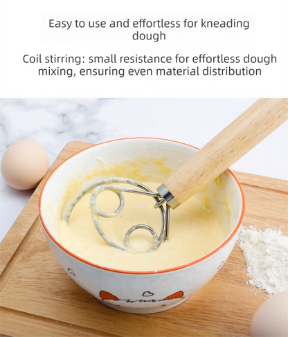 Danish Dough Whisk Slim Dual Ring Design Long Oak Wood Handle Bread Mixer Tool for Sourdough Starter Jars & Batters
