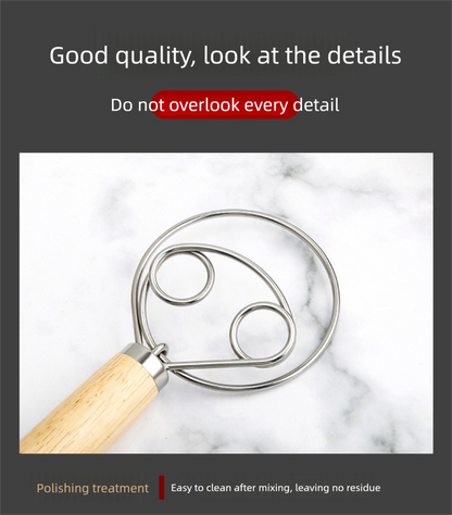 Danish Dough Whisk Slim Dual Ring Design Long Oak Wood Handle Bread Mixer Tool for Sourdough Starter Jars & Batters