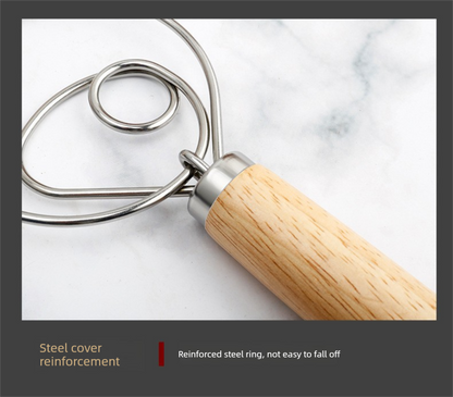 Danish Dough Whisk Slim Dual Ring Design Long Oak Wood Handle Bread Mixer Tool for Sourdough Starter Jars & Batters