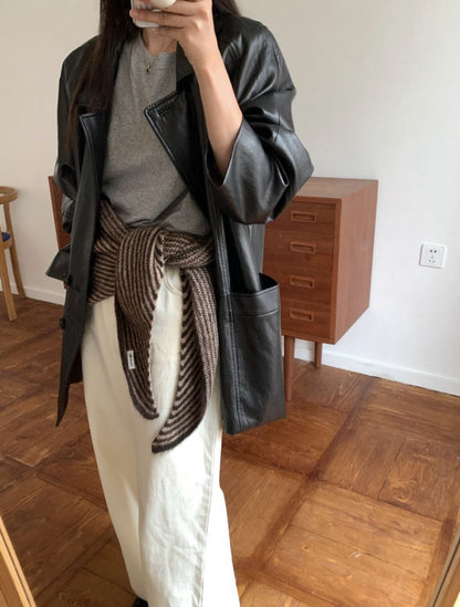 Coffee Striped Wool Blend Knitted Triangle Scarf - Soft Warm Shawl Neck Wrap for Women - Chic Autumn Layering Accessory - Brown