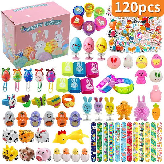 120Pcs Easter Egg Fillers Toy Assortment - Bulk Party Favours for Kids - Mini Toys, Stamps, Slap Bands & Stickers - Ideal for Egg Hunts & Classroom Prizes.