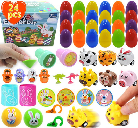 24 PCS Easter Eggs with Toy Fillers - Surprise Plastic Eggs & Mini Toys Set - Ideal for Kids Egg Hunt & Party Favours.