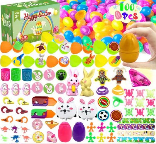 100 PCS Easter Eggs with 100 Toy Fillers - Bulk Surprise Plastic Eggs & Mini Toys Set - Includes Golden Egg - Ideal for Large Egg Hunts & Party Favours.